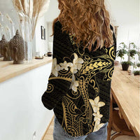 Black and Gold Hawaii Women Casual Shirt Hammerhead Shark Tattoo Curve Polynesian - Polynesian Pride