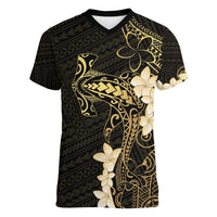 Black and Gold Hawaii Women V-Neck T-Shirt Hammerhead Shark Tattoo Curve Polynesian LT14 Female Black - Polynesian Pride