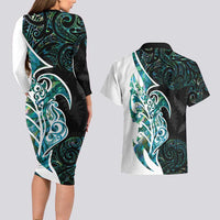 Proud Aotearoa Couples Matching Long Sleeve Bodycon Dress and Hawaiian Shirt Maori Silver Fern Mix Paua Shell Pattern LT14 - Polynesian Pride
