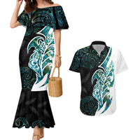 Proud Aotearoa Couples Matching Mermaid Dress and Hawaiian Shirt Maori Silver Fern Mix Paua Shell Pattern LT14 Black - Polynesian Pride