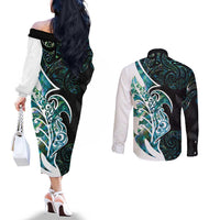 Proud Aotearoa Couples Matching Off The Shoulder Long Sleeve Dress and Long Sleeve Button Shirt Maori Silver Fern Mix Paua Shell Pattern LT14 - Polynesian Pride