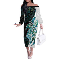 Proud Aotearoa Family Matching Off The Shoulder Long Sleeve Dress and Hawaiian Shirt Maori Silver Fern Mix Paua Shell Pattern LT14 Mom's Dress Black - Polynesian Pride