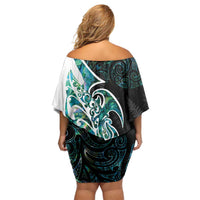 Proud Aotearoa Family Matching Off Shoulder Short Dress and Hawaiian Shirt Maori Silver Fern Mix Paua Shell Pattern LT14 - Polynesian Pride