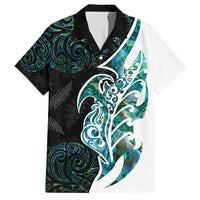 Proud Aotearoa Family Matching Tank Maxi Dress and Hawaiian Shirt Maori Silver Fern Mix Paua Shell Pattern LT14 Dad's Shirt - Short Sleeve Black - Polynesian Pride