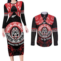 Aotearoa Toitu Te Tiriti Couples Matching Long Sleeve Bodycon Dress and Long Sleeve Button Shirt Haka Tiki Honour The Treaty LT14 Black - Polynesian Pride