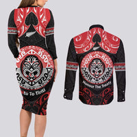 Aotearoa Toitu Te Tiriti Couples Matching Long Sleeve Bodycon Dress and Long Sleeve Button Shirt Haka Tiki Honour The Treaty LT14 - Polynesian Pride