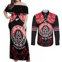 Aotearoa Toitu Te Tiriti Couples Matching Off Shoulder Maxi Dress and Long Sleeve Button Shirt Haka Tiki Honour The Treaty LT14 Black - Polynesian Pride