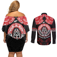 Aotearoa Toitu Te Tiriti Couples Matching Off Shoulder Short Dress and Long Sleeve Button Shirt Haka Tiki Honour The Treaty LT14 - Polynesian Pride