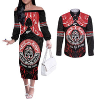Aotearoa Toitu Te Tiriti Couples Matching Off The Shoulder Long Sleeve Dress and Long Sleeve Button Shirt Haka Tiki Honour The Treaty LT14 Black - Polynesian Pride