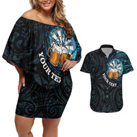 Personalized New Zealand Darts Beer Couples Matching Off Shoulder Short Dress and Hawaiian Shirt Paua Shell Aotearoa Maori Tattoo LT14 Black - Polynesian Pride