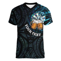 Personalized New Zealand Darts Beer Women V-Neck T-Shirt Paua Shell Aotearoa Maori Tattoo LT14 Female Black - Polynesian Pride