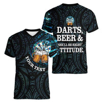 Personalized New Zealand Darts Beer Women V-Neck T-Shirt Paua Shell Aotearoa Maori Tattoo LT14 - Polynesian Pride