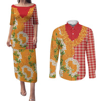Prince Kuhio Aloha Hawaii Couples Matching Puletasi and Long Sleeve Button Shirt Plumeria Ilima Lei Palaka Motifs LT14 Red - Polynesian Pride