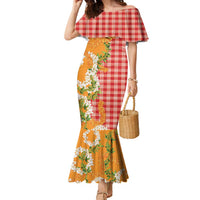 Prince Kuhio Aloha Hawaii Family Matching Mermaid Dress and Hawaiian Shirt Plumeria Ilima Lei Palaka Motifs LT14 Mom's Dress Red - Polynesian Pride