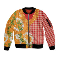 Prince Kuhio Aloha Hawaii Sleeve Zip Bomber Jacket Plumeria Ilima Lei Palaka Motifs