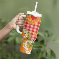 Prince Kuhio Aloha Hawaii Tumbler With Handle Plumeria Ilima Lei Palaka Motifs