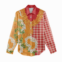 Prince Kuhio Aloha Hawaii Women Casual Shirt Plumeria Ilima Lei Palaka Motifs LT14 - Polynesian Pride