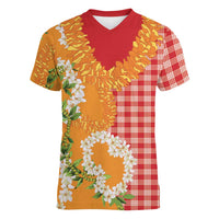 Prince Kuhio Aloha Hawaii Women V-Neck T-Shirt Plumeria Ilima Lei Palaka Motifs LT14 Female Red - Polynesian Pride