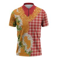 Prince Kuhio Aloha Hawaii Zipper Polo Shirt Plumeria Ilima Lei Palaka Motifs LT14 Red - Polynesian Pride