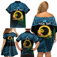 Personalised Sanma Day Family Matching Off Shoulder Short Dress and Hawaiian Shirt Vanuatu Provinces Polynesian Pattern LT14 - Polynesian Pride