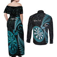 Personalised New Zealand Darts Couples Matching Off Shoulder Maxi Dress and Long Sleeve Button Shirt Happiness Is A Tight Threesome Maori Paua Shell LT14 - Polynesian Pride
