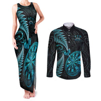 Personalised New Zealand Darts Couples Matching Tank Maxi Dress and Long Sleeve Button Shirt Happiness Is A Tight Threesome Maori Paua Shell LT14 Turquoise - Polynesian Pride