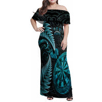 Personalised New Zealand Darts Family Matching Off Shoulder Maxi Dress and Hawaiian Shirt Happiness Is A Tight Threesome Maori Paua Shell LT14 Mom's Dress Turquoise - Polynesian Pride