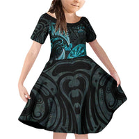Personalised New Zealand Darts Family Matching Off Shoulder Short Dress and Hawaiian Shirt Happiness Is A Tight Threesome Maori Paua Shell LT14 Daughter's Dress Turquoise - Polynesian Pride