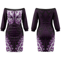 New Zealand Ta Moko Couples Matching Off The Shoulder Long Sleeve Dress and Long Sleeve Button Shirt Aotearoa Maori Chest Tattoo Purple