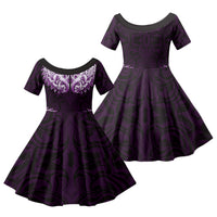 New Zealand Ta Moko Family Matching Long Sleeve Bodycon Dress and Hawaiian Shirt Aotearoa Maori Chest Tattoo Purple