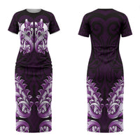 New Zealand Ta Moko Family Matching Short Sleeve Bodycon Dress and Hawaiian Shirt Aotearoa Maori Chest Tattoo Purple