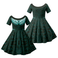 New Zealand Ta Moko Family Matching Tank Maxi Dress and Hawaiian Shirt Aotearoa Maori Chest Tattoo Turquoise