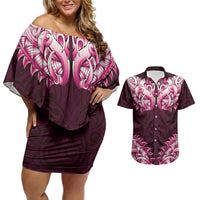 New Zealand Ta Moko Couples Matching Off Shoulder Short Dress and Hawaiian Shirt Aotearoa Maori Chest Tattoo Pink