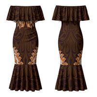 New Zealand Ta Moko Couples Matching Mermaid Dress and Long Sleeve Button Shirt Aotearoa Maori Chest Tattoo Orange