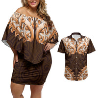 New Zealand Ta Moko Couples Matching Off Shoulder Short Dress and Hawaiian Shirt Aotearoa Maori Chest Tattoo Orange