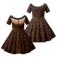 New Zealand Ta Moko Family Matching Off Shoulder Short Dress and Hawaiian Shirt Aotearoa Maori Chest Tattoo Orange