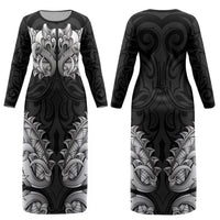 New Zealand Ta Moko Couples Matching Long Sleeve Bodycon Dress and Long Sleeve Button Shirt Aotearoa Maori Chest Tattoo Black