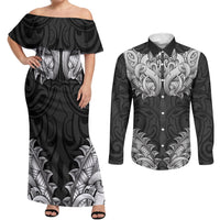 New Zealand Ta Moko Couples Matching Off Shoulder Maxi Dress and Long Sleeve Button Shirt Aotearoa Maori Chest Tattoo Black