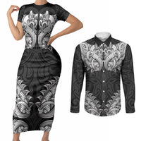 New Zealand Ta Moko Couples Matching Short Sleeve Bodycon Dress and Long Sleeve Button Shirt Aotearoa Maori Chest Tattoo Black