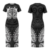 New Zealand Ta Moko Couples Matching Short Sleeve Bodycon Dress and Long Sleeve Button Shirt Aotearoa Maori Chest Tattoo Black