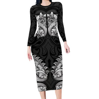 New Zealand Ta Moko Long Sleeve Bodycon Dress Aotearoa Maori Chest Tattoo Black