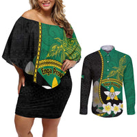 Personalised PNG Enga Provins Couples Matching Off Shoulder Short Dress and Long Sleeve Button Shirt Papua New Guinea Plumeria Melanesian Pattern LT14 Black - Polynesian Pride