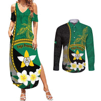 Personalised PNG Enga Provins Couples Matching Summer Maxi Dress and Long Sleeve Button Shirt Papua New Guinea Plumeria Melanesian Pattern LT14 Black - Polynesian Pride