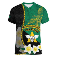 Personalised PNG Enga Provins Women V-Neck T-Shirt Papua New Guinea Plumeria Melanesian Pattern LT14 Female Black - Polynesian Pride