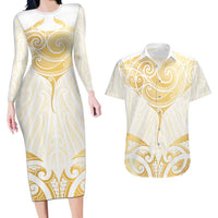 Gold White New Zealand Manta Ray Couples Matching Long Sleeve Bodycon Dress and Hawaiian Shirt Aotearoa Maori Haehae LT14 White - Polynesian Pride