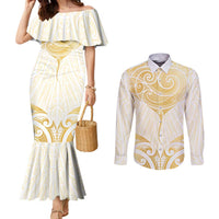 Gold White New Zealand Manta Ray Couples Matching Mermaid Dress and Long Sleeve Button Shirt Aotearoa Maori Haehae LT14 White - Polynesian Pride