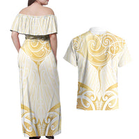 Gold White New Zealand Manta Ray Couples Matching Off Shoulder Maxi Dress and Hawaiian Shirt Aotearoa Maori Haehae LT14 - Polynesian Pride