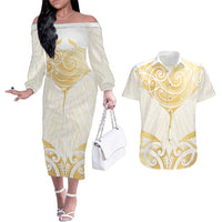 Gold White New Zealand Manta Ray Couples Matching Off The Shoulder Long Sleeve Dress and Hawaiian Shirt Aotearoa Maori Haehae LT14 White - Polynesian Pride