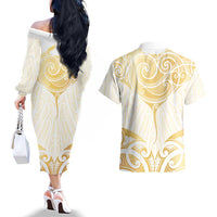 Gold White New Zealand Manta Ray Couples Matching Off The Shoulder Long Sleeve Dress and Hawaiian Shirt Aotearoa Maori Haehae LT14 - Polynesian Pride