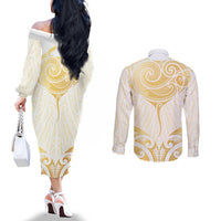 Gold White New Zealand Manta Ray Couples Matching Off The Shoulder Long Sleeve Dress and Long Sleeve Button Shirt Aotearoa Maori Haehae LT14 - Polynesian Pride